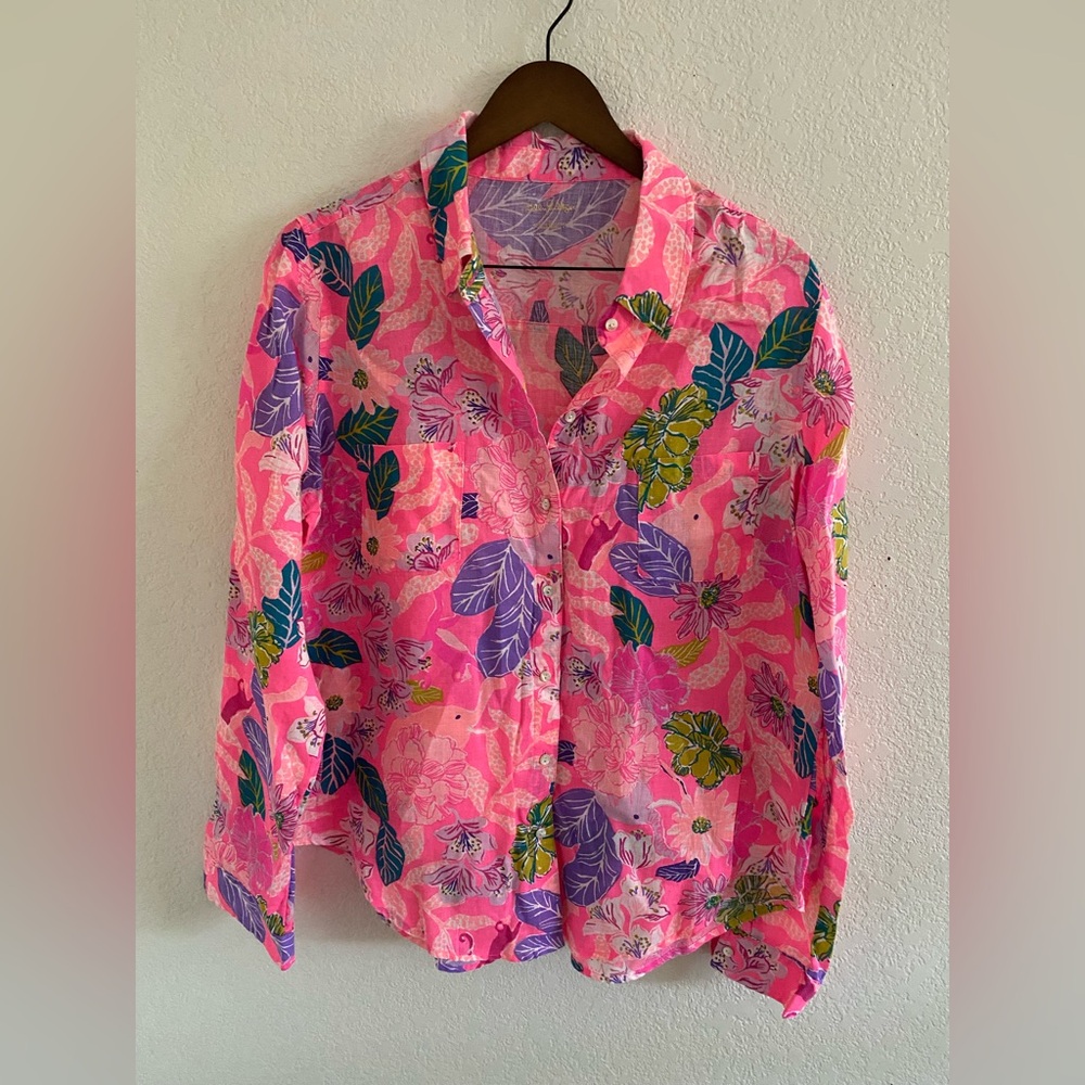 Lilly Pulitzer Sea View Linen Top Shirt - Pink Isle Best Of Friends Large